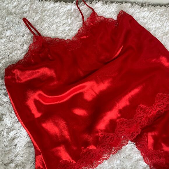 Red Satin Sleep Set Delicates Lace Trimmed Sz Large Pajamas - Picture 4 of 9